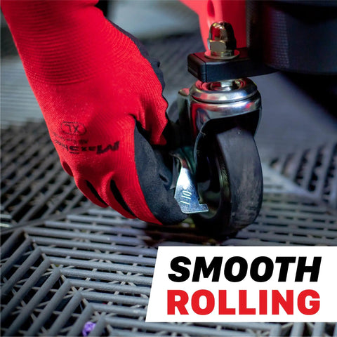 Close-up of gloved hand adjusting wheel on 2 In 1 Modular Detailing Creeper Seat With Cushion And Tool Tray, focus on smooth rolling.