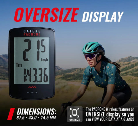 Padrone Wireless Bike Computer With Oversized Display And No GPS on mountain ride screen showing speed and time