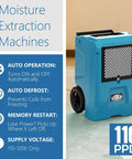 Commercial Grade Dehumidifier With 110 Pint Daily Capacity And Built In Condensate Pump For Large Basements Warehouses Garages And Gyms, blue with wheels and filter grill.