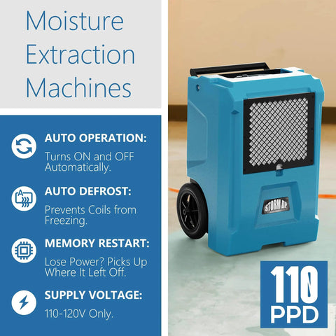 Commercial Grade Dehumidifier With 110 Pint Daily Capacity And Built In Condensate Pump For Large Basements Warehouses Garages And Gyms, blue with wheels and filter grill.