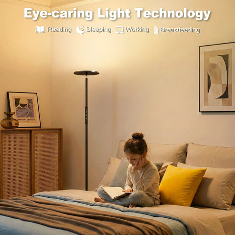 Crazy Bright LED Floor Lamp With Stepless Dimming And Remote Control, 69 Inch Torchiere Corner Lamp in a cozy bedroom setting