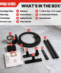 No Break Garage Beast Wet And Dry Shop Vacuum With Ultra Quiet Motor Killer Suction Power and Quick Grip Hoses accessories laid out on floor.