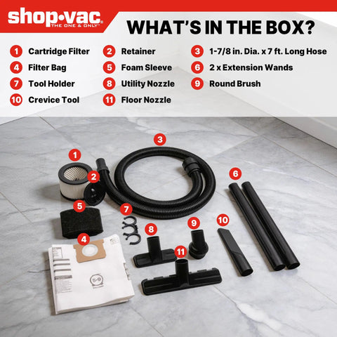 Heavy Duty Five Gallon Wet And Dry Shop Vacuum With Sleek Stainless Tank And Whisper Quiet Four Point Five Peak Horsepower Motor That Crushes Toughest Garage And Shop Spills Like Total Champion accessory kit including filter, hose, and nozzles.