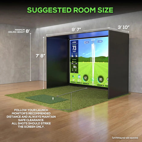 Suggested room size for Complete Golf Practice Backdrop Enclosure Gear With Poles Corner Connectors Side And Top Netting