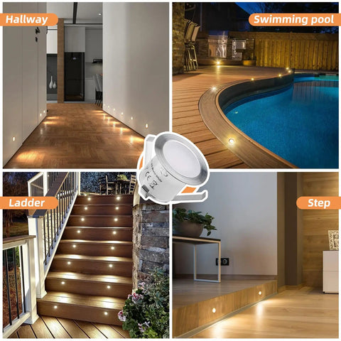 Recessed LED Deck Light Kit 16 Pack IP67 Waterproof Outdoor Landscape Lighting In Ground 12V Low Voltage installed on deck.
