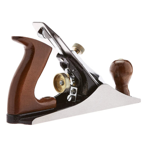 Side view of Number 4 Adjustable Precision Smoothing Bench Hand Plane With 2 Inch Blade And Wooden Contoured Handles For Woodworking And Carpentry Projects Durable Cast Iron Body And Steel Alloy Blade For Quick Easy Smooth Shavings
