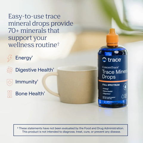 Straight Up Liquid Trace Mineral Drops Loaded With Seventy Plus Ionic Minerals And Key Electrolytes Like Magnesium Potassium And Chloride For Prime Body Function And Real Daily Vitality with a cup on table.