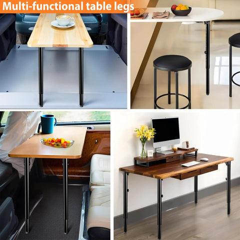 Heavy Duty Folding Adjustable Table Legs 4 Pack Steel Powder Coated RV Camper Support Frame in multi-use settings.