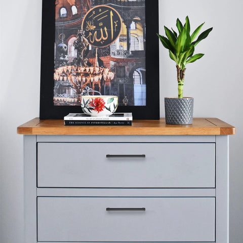 Modern dresser with matte black cabinet pulls, decorative artwork, plant, and books on top.