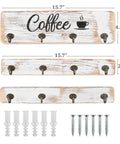Rustic Wall Mounted Coffee Mug Holder With 12 Cup Hangers; farmhouse wood cup organizer with dimensions and installation kit.