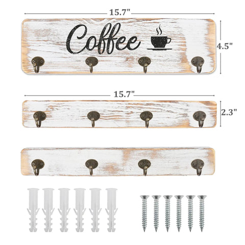 Rustic Wall Mounted Coffee Mug Holder With 12 Cup Hangers; farmhouse wood cup organizer with dimensions and installation kit.