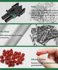 Composition of materials in Waterproof Automotive Electrical Connector Kit With 376 Pieces 25 Kits 1 2 3 4 6 Pin Male And Female Plugs For 22 To 14AWG Wiring Spark Plug Terminals Wire Harness Set For Car Repair Ready For Any Weekend DIYer showing PA66, H62 brass, and silicone rubber.