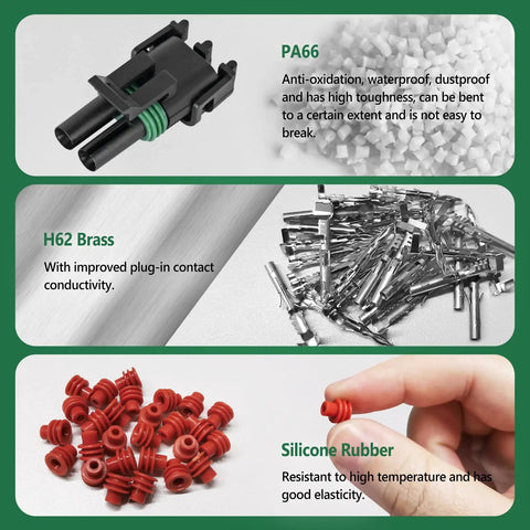 Composition of materials in Waterproof Automotive Electrical Connector Kit With 376 Pieces 25 Kits 1 2 3 4 6 Pin Male And Female Plugs For 22 To 14AWG Wiring Spark Plug Terminals Wire Harness Set For Car Repair Ready For Any Weekend DIYer showing PA66, H62 brass, and silicone rubber.