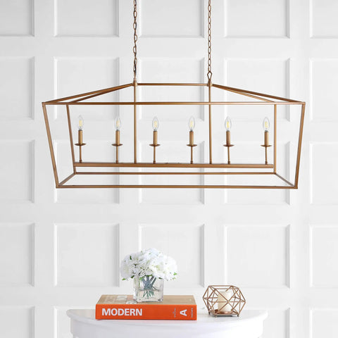 Solid Six Light Pagoda Pendant Ceiling Lamp Offering Wide Forty Nine Inch Open Wire Cage Frame Finished In Classy Antique Gold Color Combined With Timeless Energy Saving Led Bulbs For Quick Home Glow Up And Easy Install.