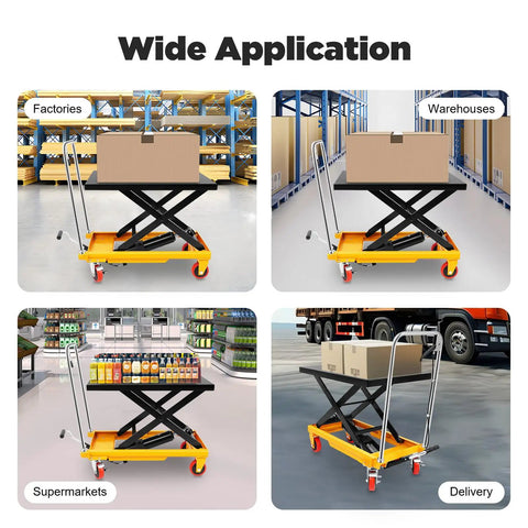 Heavy Duty Hydraulic Lift Table Cart With Smooth Rolling Locking Casters And Quick Fold Design, 28.5 Inch in warehouses hauling boxes.
