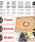 Badass Heavy Duty 10 Inch Pneumatic Rubber Caster Wheels With Double Ball Bearings, Silent Swivel Casters For Carts Workbenches And Dollies, Smooth Rolling Floor Saving Set Of 4 shown with dimensions and types.