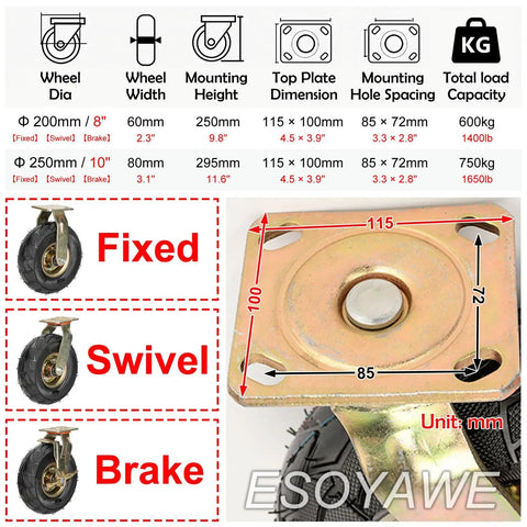 Badass Heavy Duty 10 Inch Pneumatic Rubber Caster Wheels With Double Ball Bearings, Silent Swivel Casters For Carts Workbenches And Dollies, Smooth Rolling Floor Saving Set Of 4 shown with dimensions and types.