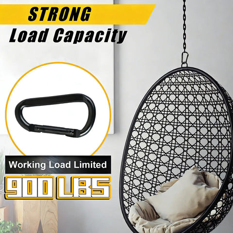 Heavy Duty Black Carabiner Clip Built Tough For 900lbs beside hanging chair showcasing strong load capacity