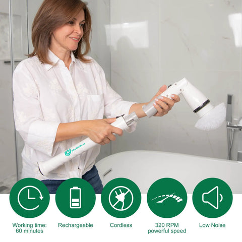 Woman using Electric Spin Scrub Brush For Bathroom Cordless Portable Rechargeable Deep Cleaning With Adjustable Head