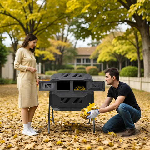 43 Gallon Outdoor Dual Chamber Tumbling Compost Bin with Two Sliding Doors placed in a garden surrounded by autumn leaves