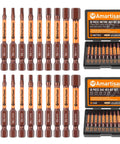 Front view of Amartisan 20-piece hex bit set with magnetic tips in orange handles; metric and SAE sets in storage boxes.