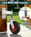 Built Tough Eight Inch Heavy Duty Fence Gate Wheels Featuring Spring Loaded Pivoting Rollers And Premium Double Ball Bearings For Smooth Rural Ranch Property Movements showing a gate wheel with shock-absorbing spring.