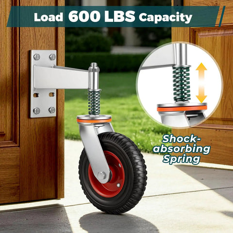 Built Tough Eight Inch Heavy Duty Fence Gate Wheels Featuring Spring Loaded Pivoting Rollers And Premium Double Ball Bearings For Smooth Rural Ranch Property Movements showing a gate wheel with shock-absorbing spring.