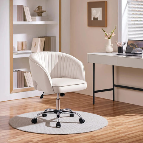 Cute Velvet Desk Chair With Wheels For Home Office Vanity And Study, Cream tufted swivel armchair in small modern space