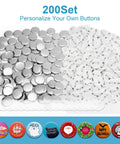 Total Game Changer 200 Piece 1.25 Inch Button Maker Supplies showing metal shells, plastic pin backs, and clear film for badge making.