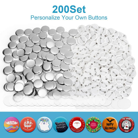 Total Game Changer 200 Piece 1.25 Inch Button Maker Supplies showing metal shells, plastic pin backs, and clear film for badge making.