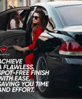 Woman exiting shiny black car, highlighting Ultimate Upgraded Paint Glass Water Spot and Stain Removers Plus Protection Coating Bundle in use.