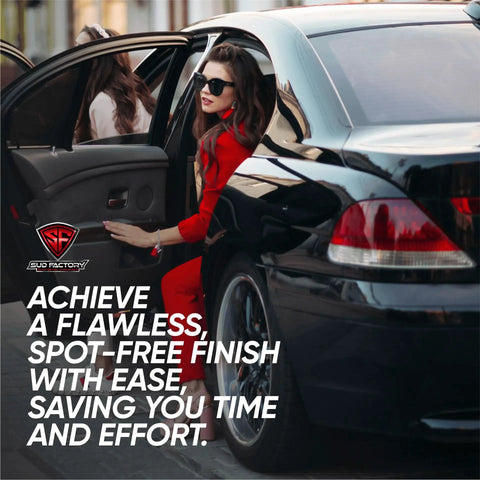 Woman exiting shiny black car, highlighting Ultimate Upgraded Paint Glass Water Spot and Stain Removers Plus Protection Coating Bundle in use.