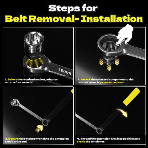 Steps for using Serpentine Belt Tool Kit With Ratcheting Wrench, Sockets, Crowfoot Wrenches And Adapters on a vehicle.