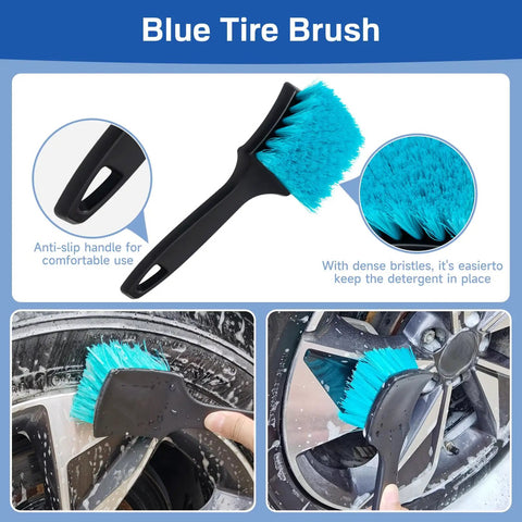 4 Pack Wheel And Tire Cleaning Brush Kit For Cars, Motorcycles, RVs And Trucks, Ultra Soft Synthetic Woolies, 360 Bendable Bristles, No Spatter, Includes Stiff Tire Brush And Soft Detailing Brush For Rims, Hubs And A Next Level Clean, blue tire brush