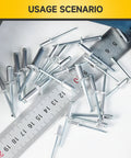 3/16 x 1/4 Inch Blind Pop Rivets Kit For Metal scattered on a ruler, showing aluminum grip and steel mandrel for durable metalworking.