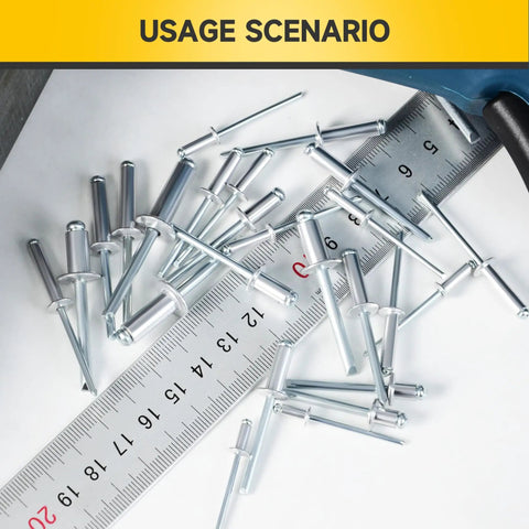 3/16 x 1/4 Inch Blind Pop Rivets Kit For Metal scattered on a ruler, showing aluminum grip and steel mandrel for durable metalworking.