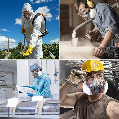 People using Lightweight Reusable Half Face Respirator With Replaceable Filters For Dust Organic Vapors Gas And Paint Fumes