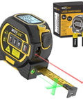 3 In 1 Laser Tape Measure With Digital Readout And LCD Display For Fast One Person Measurements At Home And On Job Sites Up To 197 Feet With Bright Sun Visible Laser And Simple One Handed Use, black yellow tape measure with LCD and box