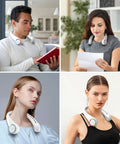 Various people using Dope Portable Neck Fan With 4000mAh Battery indoors and outdoors for hands-free cooling.