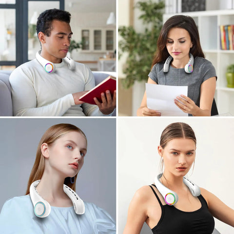 Various people using Dope Portable Neck Fan With 4000mAh Battery indoors and outdoors for hands-free cooling.