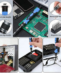115-In-1 Precision Screwdriver Set With Magnetic Bits Clutch Head Non Slip Ergonomic Handle Tweezers And All-In-One Repair Kit, blue toolkit in use with electronics, glasses, PC, and detail of non-slip handle.