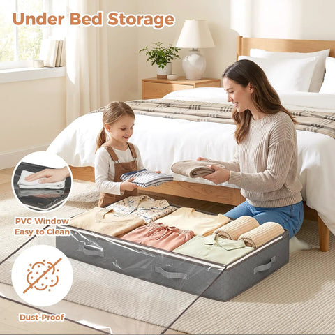 Heavy Duty Foldable Under Bed Storage Bins, 95 Liter Capacity Set Of Four, Breathable Non Woven Fabric Closet Organizers To Keep Your Space Tight And Clutter Free, Grey