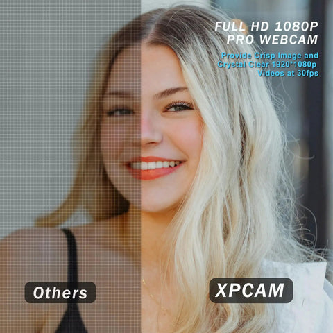 Slick 1080p Webcam With Noise Canceling Mic And Auto Light Correction Plug And Play For PC Laptop Video Calls Work From Home Streaming showing side-by-side comparison of video quality.