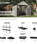 Big Ol 8x10 Outdoor Storage Shed With Floor, Lockable Double Doors And Skylights, interior view with accessories displayed