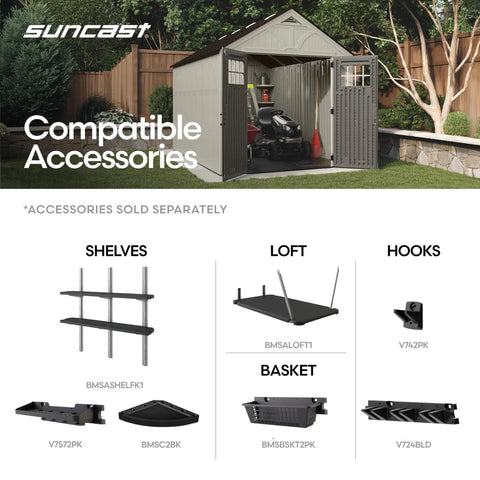 Big Ol 8x10 Outdoor Storage Shed With Floor, Lockable Double Doors And Skylights, interior view with accessories displayed