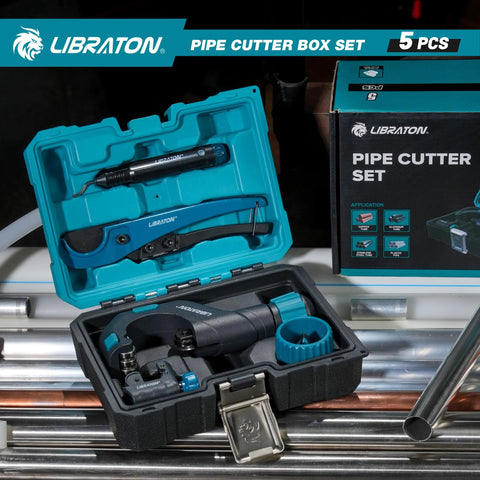LIBRATON pipe cutter box set, 5 pcs, teal case with metal cutters and deburring tool
