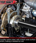 Close-up of drive system featuring Two Long Threaded Jackshafts For Go Kart And Mini Bike Builds Five Eighths Inch By Eight Inches Five