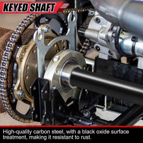 Close-up of drive system featuring Two Long Threaded Jackshafts For Go Kart And Mini Bike Builds Five Eighths Inch By Eight Inches Five