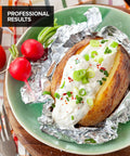 Baked potato topped with sour cream and chives wrapped in Pre Cut 12 Inch Heavy Duty Aluminum Foil Wraps 200 Count Pop Up Sheets.