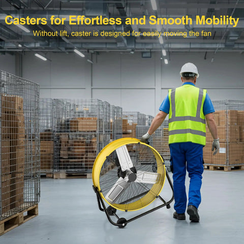 Worker moving 36 Inch Beefy Airflow High Velocity Industrial Drum Fan With 3 Speed Settings 21,800 CFM in warehouse